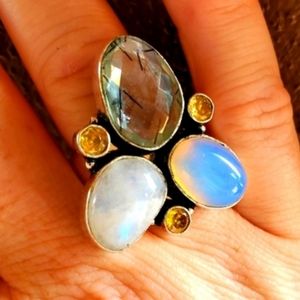 New Rutile Quartz, Opalite, Citrine & Rainbow Moonstone 925 Silver Ring.